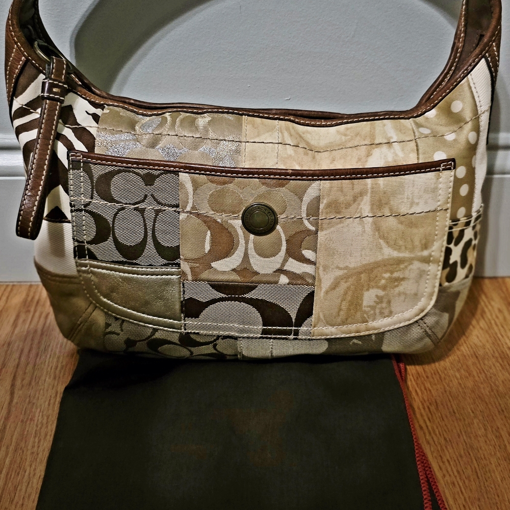 Coach Brown and Tan Patchwork Shoulder Bag